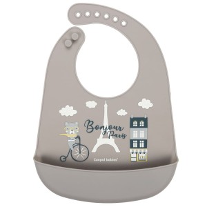 Śliniak silikonowy z kieszonką Bonjour Paris beżowy, Canpol