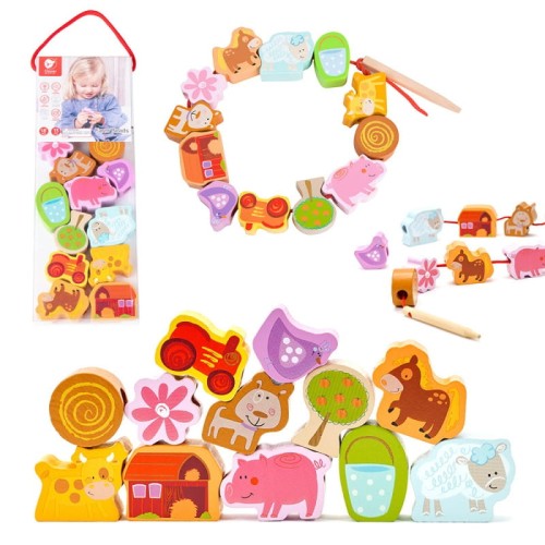 classic world drewniane klocki do nawlekania farma