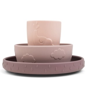 Zestaw obiadowy silikonowych naczyń z przyssawką Stick&Stay Friends Powder, Done By Deer