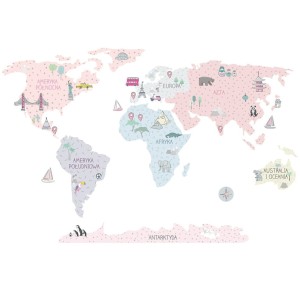 Mapa Świata różowa - naklejka na ścianę, Pastelowe Love