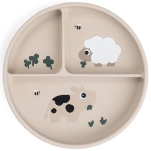 Silikonowy talerzyk dzielony z przyssawką Stick&Stay Tiny Farm Sand, Done By Deer