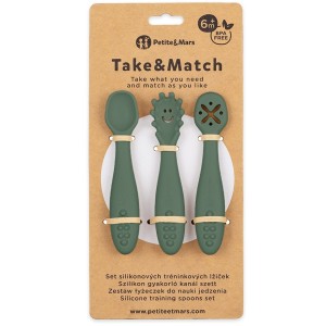 Zestaw silikonowych łyżeczek do nauki jedzenia Take&Match Misty Green 6m+, Petite&Mars