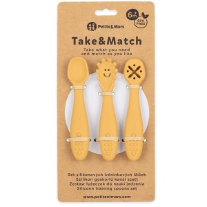 Zestaw silikonowych łyżeczek do nauki jedzenia Take&Match Intense Ochre 6m+, Petite&Mars