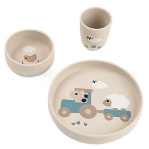 Zestaw obiadowy silikonowych naczyń z przyssawką Tiny Farm Sand, Done By Deer 