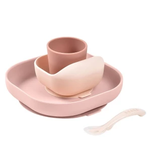 Komplet naczyń dziecięcych z silikonu z przyssawką Cotton Candy, Beaba