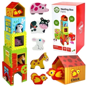 Wieża kartonowa do układania - piramida Farma + zwierzątka drewniane, Woopie