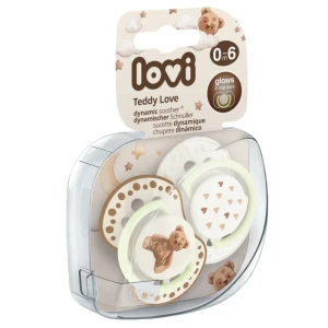 Smoczek silikonowy dynamiczny 0-6m Teddy Love ŚWIECĄCY 2 szt., Lovi